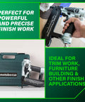 Lightweight Pneumatic Brad Nailer For Precision Trim Work And Furniture Building features a silver and black design next to a hard case.