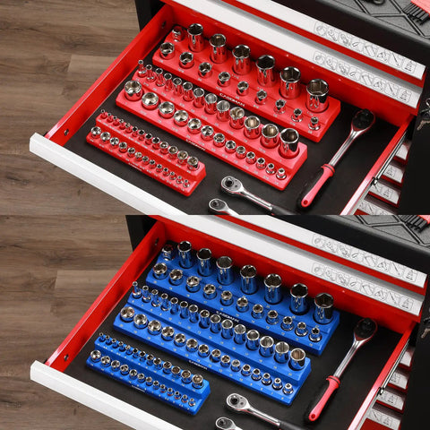 Six Piece Magnetic Socket Organizer Kit For 1/4 Inch, 3/8 Inch, And 1/2 Inch Drives, Red And Blue Socket Holder Holds Up To 143 SAE And Metric Sockets, Rubberized Magnetic Base Protects Surfaces, Pro Grade Durable PP Plastic