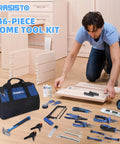 Man assembling wooden furniture with 174 Piece Go-To Home Repair Tool Kit With 14 Inch Large Mouth Storage Tool Bag visible on floor.