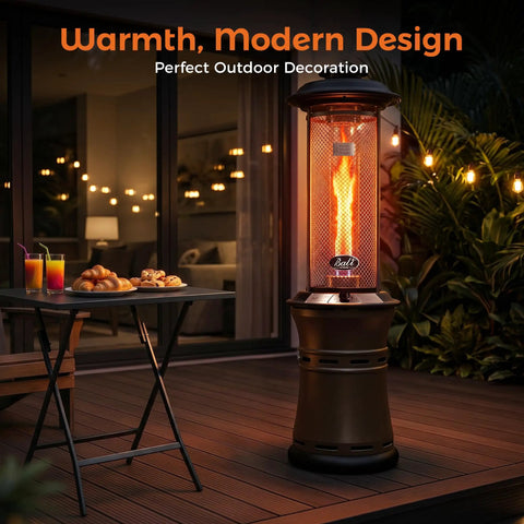 Gas Patio Heater With Wheels, Floor Standing Outdoor Heater With Round Dancing Flame And Glass Tube, Quick No Tool Setup Under Five Minutes, 20 Lb Propane Tank Compatible For Balcony Veranda And BBQ Party displayed on patio