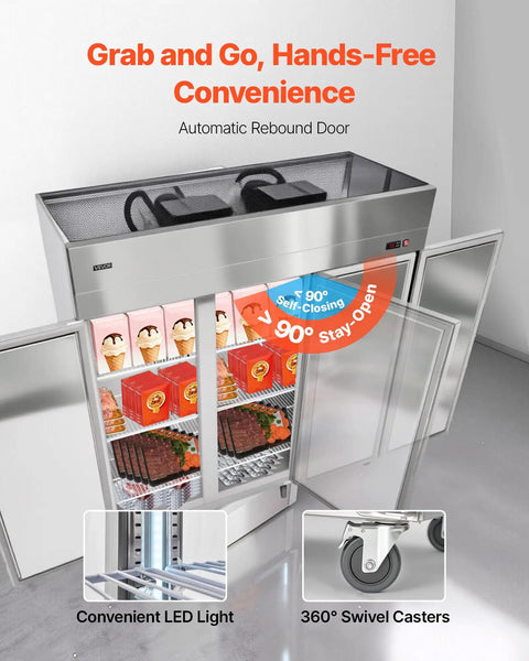 Built Different For Heavy Duty Operations This 52 Cubic Foot Upright Freezer shows stainless double doors with food items and led light.