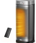 Fast Heating Indoor Space Heater With Remote Control 1500W PTC Ceramic Electric Heater For Bedroom And Home Office 12 Hour Timer 70 Degree Oscillation Overheat Protection Safe Quick Warmth In Cold Rooms, shown in silver with remote
