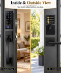 Real Deal Dual Door Smart Lock Kit With Fingerprint Reader And Touchscreen Keypad Keyless Entry For Home Security Featuring Heavy Duty Active Handle And Matching Dummy Lever Plug And Play Setup showing inside and outside views.