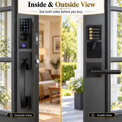 Real Deal Dual Door Smart Lock Kit With Fingerprint Reader And Touchscreen Keypad Keyless Entry For Home Security Featuring Heavy Duty Active Handle And Matching Dummy Lever Plug And Play Setup showing inside and outside views.