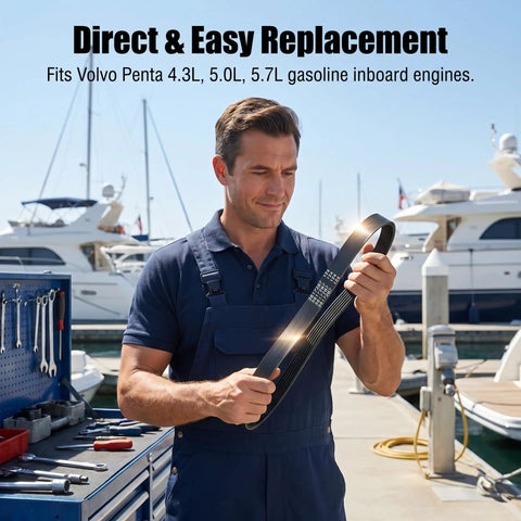 Man holding Serpentine Belt Kit For Volvo Penta Marine Engines 4.3L 5.0L 5.7L at marina with boats in background