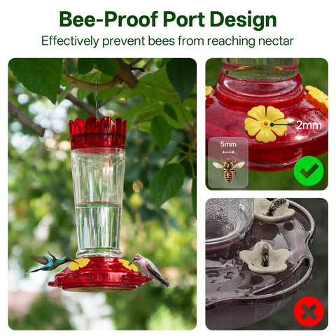 2 Pack 14 Ounce Plastic Hummingbird Feeders With Ant Moat And Bee Guard For Outdoors, Four Feeding Ports, hanging from tree