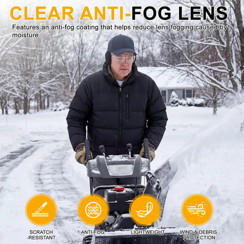 Heavy Duty 36 Pack ANSI Z87.1 Safety Glasses Featuring Side Shields And Anti Scratch Coating Delivering Badass Eye Protection For Tough Jobs And Sweet Day To Day Runs For Men And Women worn by man using a snowblower in snowy environment.