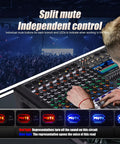Person using 12 Channel Audio Mixer For Live Stage Performance With Independent Mute, Built In 7 Band Equalizer And 99 Reverb, Isolated Channel Outs, Gig Ready For Karaoke Nights And DJ Sets on stage
