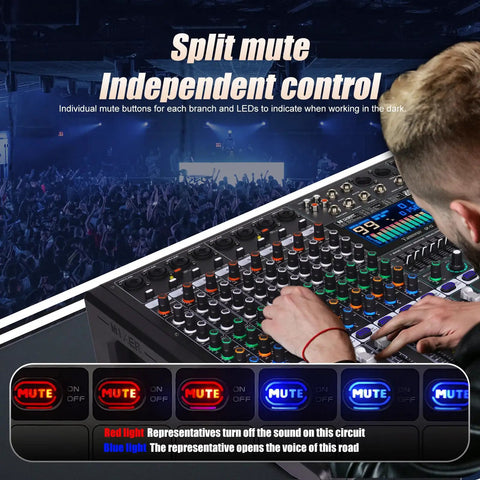 Person using 12 Channel Audio Mixer For Live Stage Performance With Independent Mute, Built In 7 Band Equalizer And 99 Reverb, Isolated Channel Outs, Gig Ready For Karaoke Nights And DJ Sets on stage
