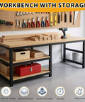 Heavy Duty Garage Workbench With Scratch Resistant Solid Wood Top And Lower Shelf For Toolboxes And Shop Gear Knock Out Jobs With Straight Up Durability, featuring storage and tools.