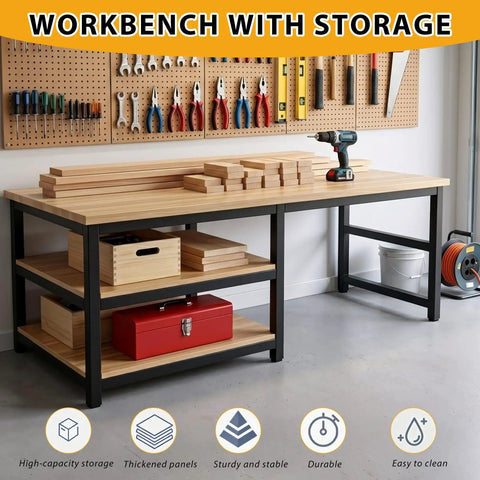 Heavy Duty Garage Workbench With Scratch Resistant Solid Wood Top And Lower Shelf For Toolboxes And Shop Gear Knock Out Jobs With Straight Up Durability, featuring storage and tools.