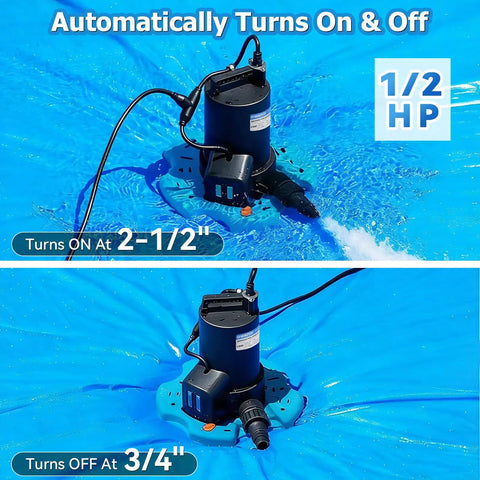 Half Horsepower Pool Cover Pump with Automatic On Off 3500 GPH Submersible Water Pump operating on blue pool cover.
