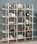 Five Tier Industrial Bookcase With White Metal Frame And Oak Shelves, Space Saving MDF Display Shelf For Bedroom Living Room Study Or Home Office, Vintage Style Storage Organizer 70.9 By 10.2 By 70.7 Cm showcasing decor items