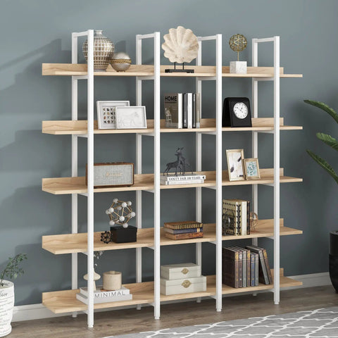 Five Tier Industrial Bookcase With White Metal Frame And Oak Shelves, Space Saving MDF Display Shelf For Bedroom Living Room Study Or Home Office, Vintage Style Storage Organizer 70.9 By 10.2 By 70.7 Cm showcasing decor items