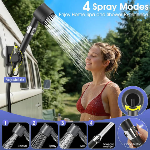 Portable Camping Shower With Heater And 8000mAh Battery in use outdoors with four adjustable spray modes