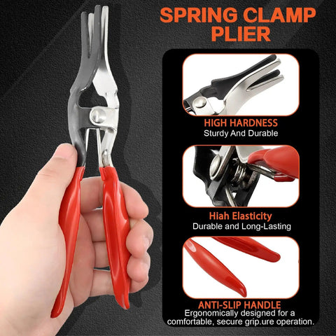 352 Piece Spring Band Hose Clamp Kit With 15 Sizes From 6 To 25 Mm In Grey, featuring red-handled spring clamp pliers held in hand.