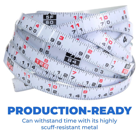12 Foot Self Adhesive Measuring Tape With Right To Left Reading Bench Ruler coiled in a pile showcasing scuff-resistant metal