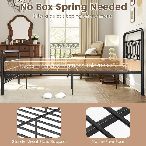 Heavy Duty Queen Metal Platform Bed Frame With Victorian Diamond Headboard And Footboard, Built Tough No Box Spring Needed, Super Sleek Under Bed Storage, Legit Room Upgrade, Matte Black shown in a modern bedroom.
