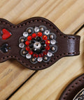 Top Shelf Western Leather Headstall And Breast Collar Tack Set With Lucky Dice Tooling Antique Copper Hardware. Close-up of detailed beadwork.