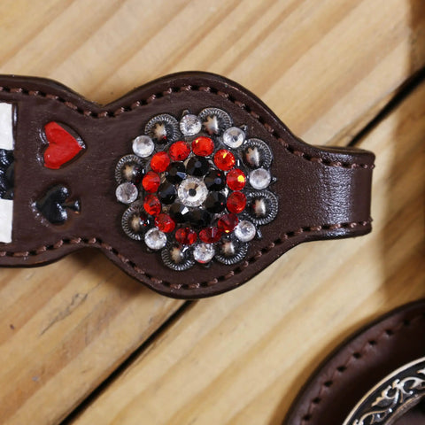 Top Shelf Western Leather Headstall And Breast Collar Tack Set With Lucky Dice Tooling Antique Copper Hardware. Close-up of detailed beadwork.