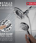 Arvo 14 Series Chrome Bathtub Shower Faucet Set With In2ition 2 in 1 dual shower head and handheld displayed with water spray