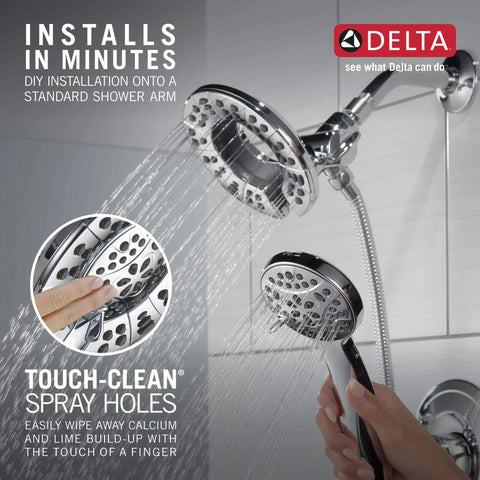 Arvo 14 Series Chrome Bathtub Shower Faucet Set With In2ition 2 in 1 dual shower head and handheld displayed with water spray