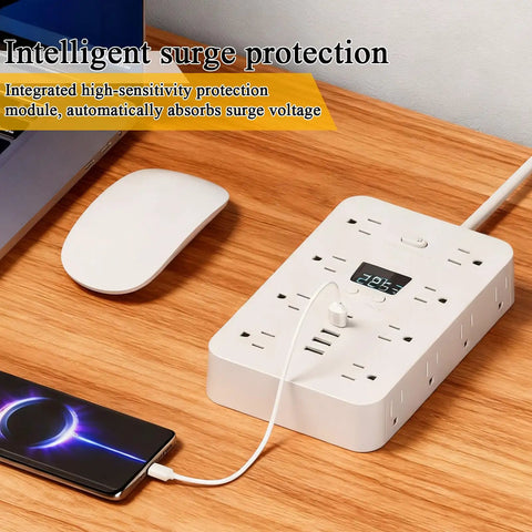 Total Game Changer Flat Power Strip With Eleven AC Outlets And Three Smart USB Chargers on a desk charging a phone.