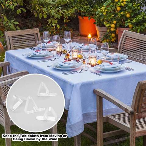 48 Pack Clear Tablecloth Clips For Outdoor Picnics And Parties Keep Your Tablecloth Flat And Wrinkle Free No Slips Clips Hold Down Skirt Clip On Patio Tables Durable Plastic Clips For Event Use No Sweat shown on set dining table outdoors