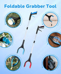 Foldable 32-inch reacher tool with blue ergonomic grips for picking up objects.