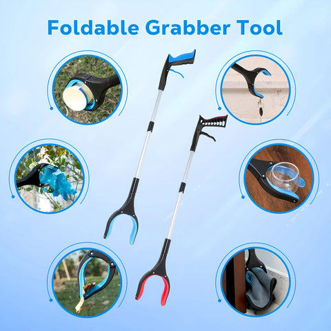Foldable 32-inch reacher tool with blue ergonomic grips for picking up objects.