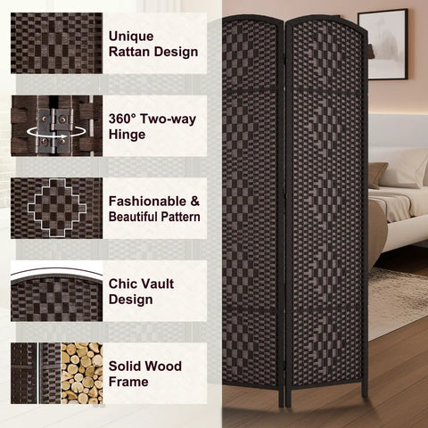 Tall Six Foot Room Divider Four Panel Privacy Screen Freestanding Wall Partition Dark Coffee Finish With Foldable Panels And Two Way Hinges