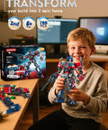 Boy holding robot figure; 2 In 1 Transform Robot Mech Building Toy Kit For Boys And Adults, Switch Between Battle Ready Robot Warrior And Boss Mode Truck Vehicle, 786 High Quality Bricks For Durable, Creative STEM Play And Epic Battles.