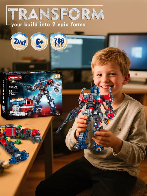 Boy holding robot figure; 2 In 1 Transform Robot Mech Building Toy Kit For Boys And Adults, Switch Between Battle Ready Robot Warrior And Boss Mode Truck Vehicle, 786 High Quality Bricks For Durable, Creative STEM Play And Epic Battles.