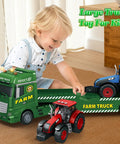 Child playing with huge 25.6 Inch 3 in 1 farm truck toy set for kids ages 3 to 6 with inertia semi trailer lights and sounds