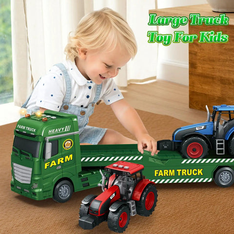 Child playing with huge 25.6 Inch 3 in 1 farm truck toy set for kids ages 3 to 6 with inertia semi trailer lights and sounds