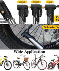 All In One Bike Repair Kit With Mini Pump And 16 In 1 Multitool showing valve adapter usage on various bikes