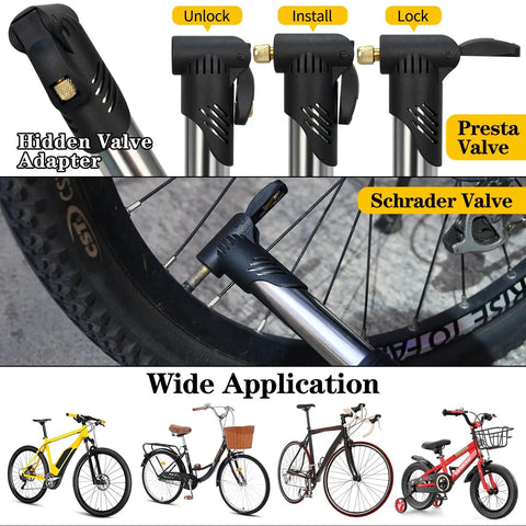 All In One Bike Repair Kit With Mini Pump And 16 In 1 Multitool showing valve adapter usage on various bikes