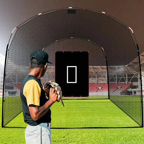 Person pitching in front of Baseball Softball Batting Cage Backstop With 4 By 6 Foot Strike Zone Target Cloth For Backyard Practice