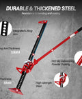 Beefy 7000 Pound Capacity High Lift Farm Jack With Ratcheting Mechanism 48 Inch Lift Adjustable 5.12 To 41.14 Inch Height Range Heavy Duty Utility Jack For Tractor Truck SUV And Off Road Bumper Lifts Red showing durable components.