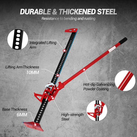 Beefy 7000 Pound Capacity High Lift Farm Jack With Ratcheting Mechanism 48 Inch Lift Adjustable 5.12 To 41.14 Inch Height Range Heavy Duty Utility Jack For Tractor Truck SUV And Off Road Bumper Lifts Red showing durable components.