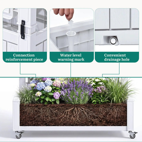All Weather Raised Garden Bed With Trellis And Privacy Screen On Wheels, Drain Plug, Water Level Indicator, Divider for plants