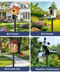 Collage showing various outdoor uses of Beefy 79 Inch Bird Feeder Pole Stand, including birdhouse, bird feeder, seed tray, and weather station.