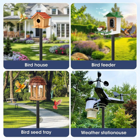 Collage showing various outdoor uses of Beefy 79 Inch Bird Feeder Pole Stand, including birdhouse, bird feeder, seed tray, and weather station.
