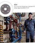 Four Piece Malleable Iron Floor Flange Fittings in industrial setting, man standing beside pipes, diameter 2.5 inches