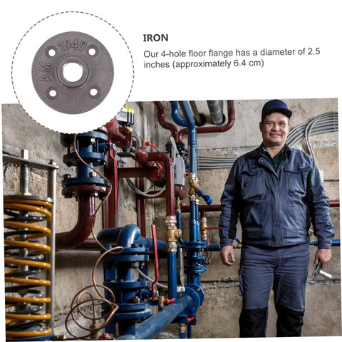 Four Piece Malleable Iron Floor Flange Fittings in industrial setting, man standing beside pipes, diameter 2.5 inches