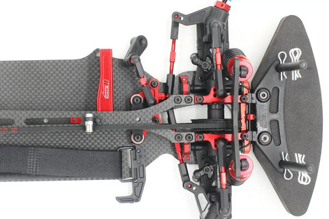 SPEC-R R1 1/10 Scale RC Electric Touring Car 4WD Carbon Fiber Main Chassis Kit close-up showing upper plate and dogbones