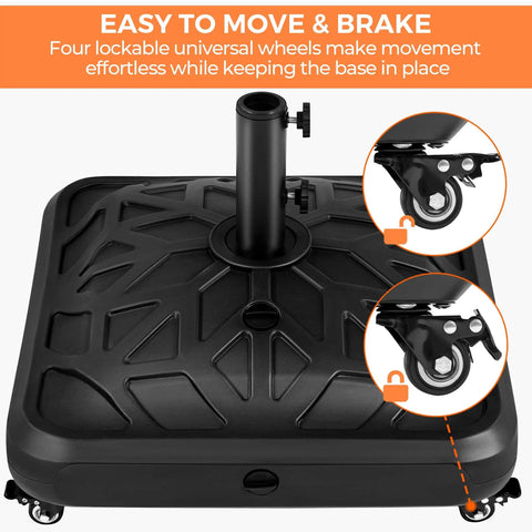 Fillable Mobile Umbrella Base With 4 Wheels 4 Locks 2 Knobs Heavy Duty Patio Umbrella Pole Holder For Outdoor Deck Poolside Garden 123 Lb Capacity Black Checkered showing easy mobility with lockable wheels