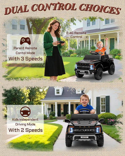 Ford F-150 Raptor Licensed 12V Ride On Truck For Kids With Parent Remote, featuring dual control modes and LED lights in a backyard.