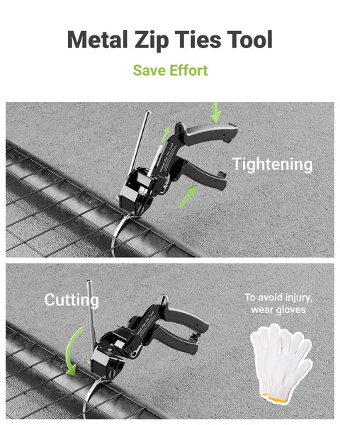 Built Tough Heavy Duty Metal Zip Tie Tool Kit With 100 Stainless Steel Ties 11.8 Inch, tool showing tightening and cutting steps