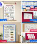 Eight Poster Parts Of Speech Set For Classrooms Nouns Verbs Adjectives Adverbs Pronouns Conjunctions Prepositions Interjections 12 By 18 Inches English Grammar Posters For K 12 Students And Teachers Made In USA displayed in various educational settings.
